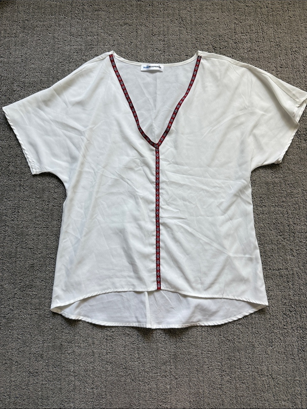 Blue Elephant White V-Neck Blouse with Red Trim